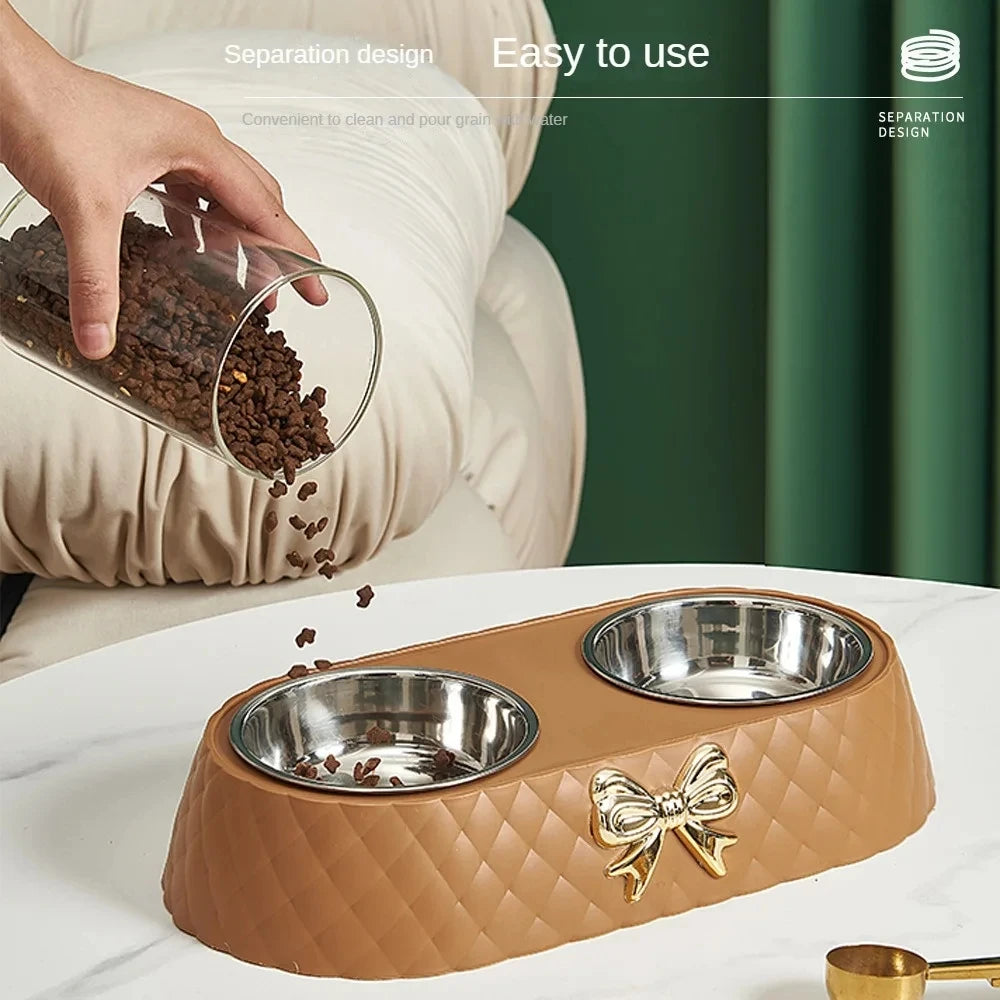 Pet Supplies Bow-Tie Bowknot Cats Food Bowl PP Base Dog Bowl Stainless Steel Double Pet Accessories Feeding Drinking Double Bowl