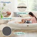 Human Dog Bed for Adult - Luxury Faux Fur Giant Size Dog Bed with Portable Handle, Egg Orthopedic Foam Bed with Blanket Ivory White