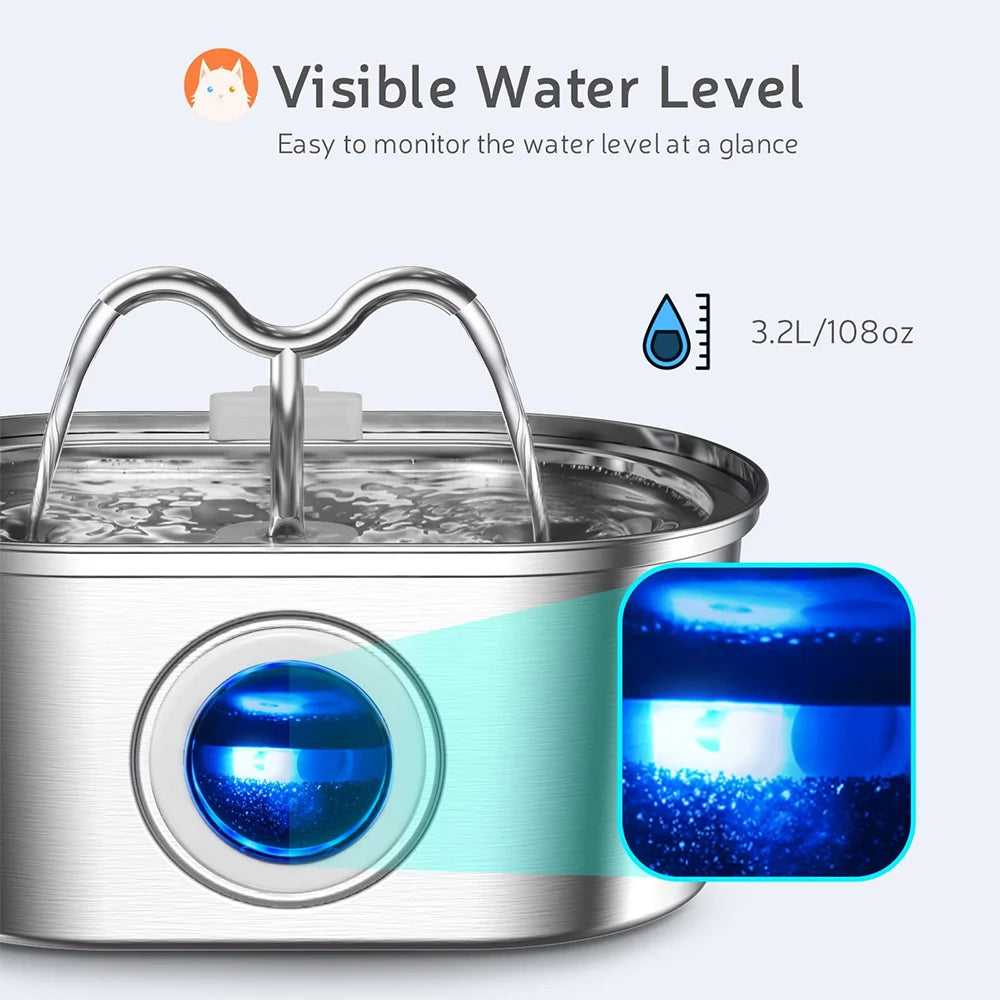 108Oz/3.2L Cat Water Stainless Steel Pets Dispenser with LED Light Silent Pump Automatic Fountain for Cat Dog Drinking Bowl