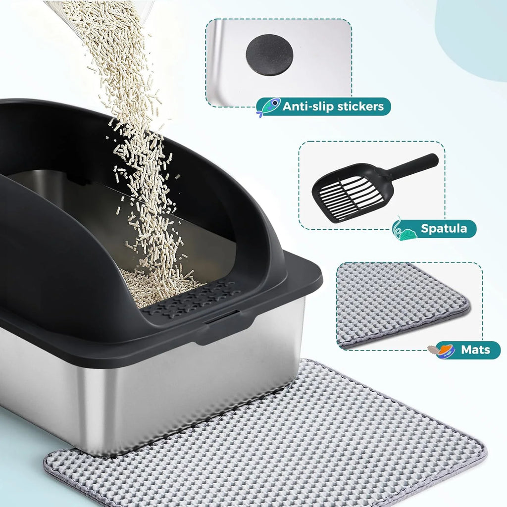 Stainless Steel Cat Litter Box with Lid, Large Cat Litter Box for Big Cats, High Wall Sides, Anti-Urine Leakage, Easy Cleaning, Scoop and Mat Included, Black