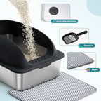 Stainless Steel Cat Litter Box with Lid, Large Cat Litter Box for Big Cats, High Wall Sides, Anti-Urine Leakage, Easy Cleaning, Scoop and Mat Included, Black