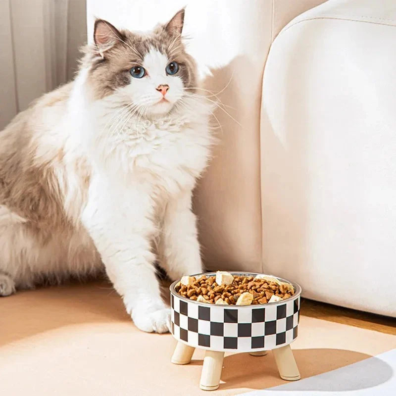 Pet Cat and Dog Bowl Polka-Dot Plaid Stainless Steel Anti-Slip Easy to Clean Indoor and Outdoor