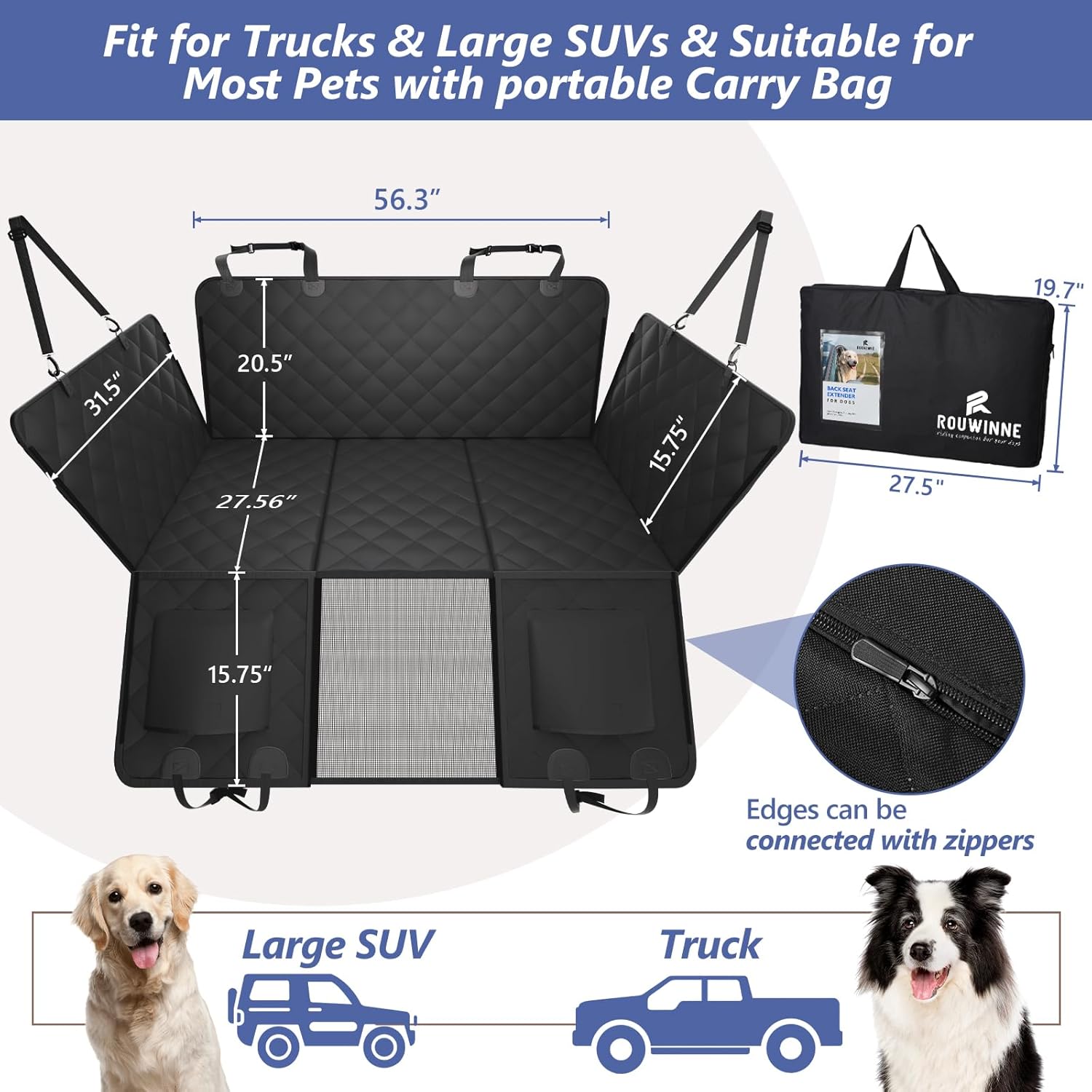 Back Seat Extender for Dogs Truck-Large Space, Dog Pet Seat Cover Back Seat Hard Bottom Holds 420Lb, Waterproof Dog Hammock for Crew Cab Trucks F150, RAM1500, Sierra, Tundra, Silverado, Black