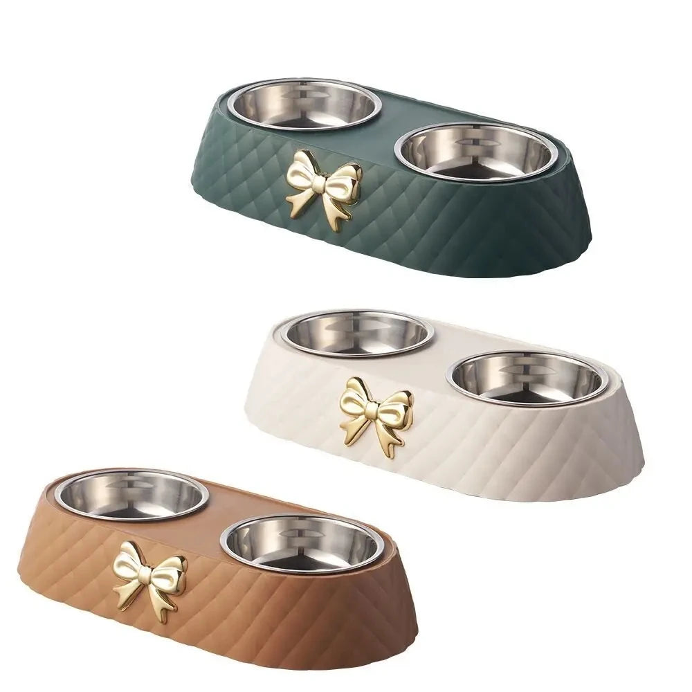 Pet Supplies Bow-Tie Bowknot Cats Food Bowl PP Base Dog Bowl Stainless Steel Double Pet Accessories Feeding Drinking Double Bowl