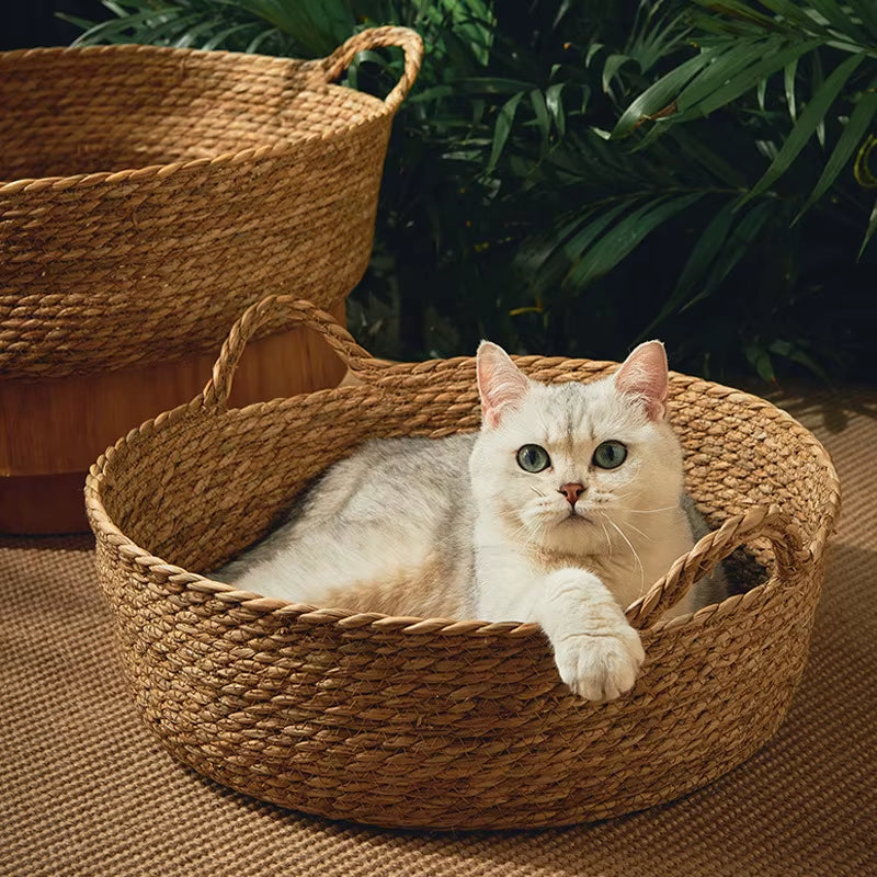 OUZEY Rattan Weaving Basket for Cat Comfortable Sleeping Pet Dog Bed Summer Cool Weave Cat House Donut round Kitten Puppy Bed