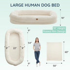 Human Dog Bed for Adult - Luxury Faux Fur Giant Size Dog Bed with Portable Handle, Egg Orthopedic Foam Bed with Blanket Ivory White