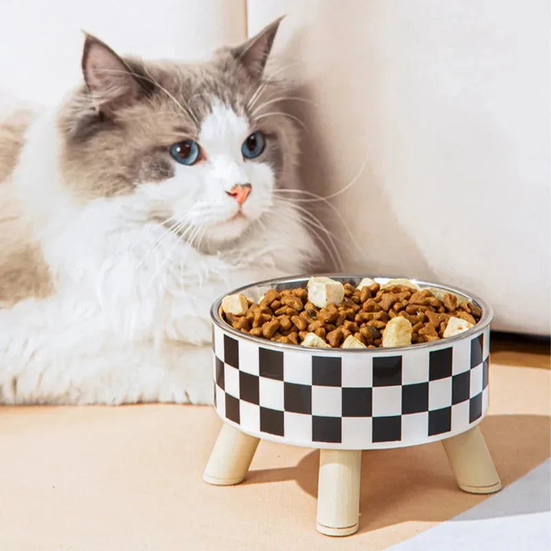 Pet Cat and Dog Bowl Polka-Dot Plaid Stainless Steel Anti-Slip Easy to Clean Indoor and Outdoor