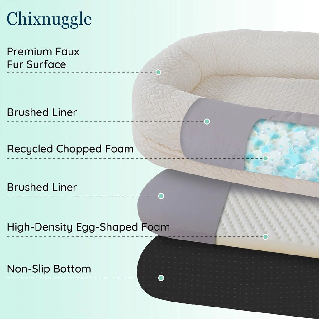 Human Dog Bed for Adult - Luxury Faux Fur Giant Size Dog Bed with Portable Handle, Egg Orthopedic Foam Bed with Blanket Ivory White